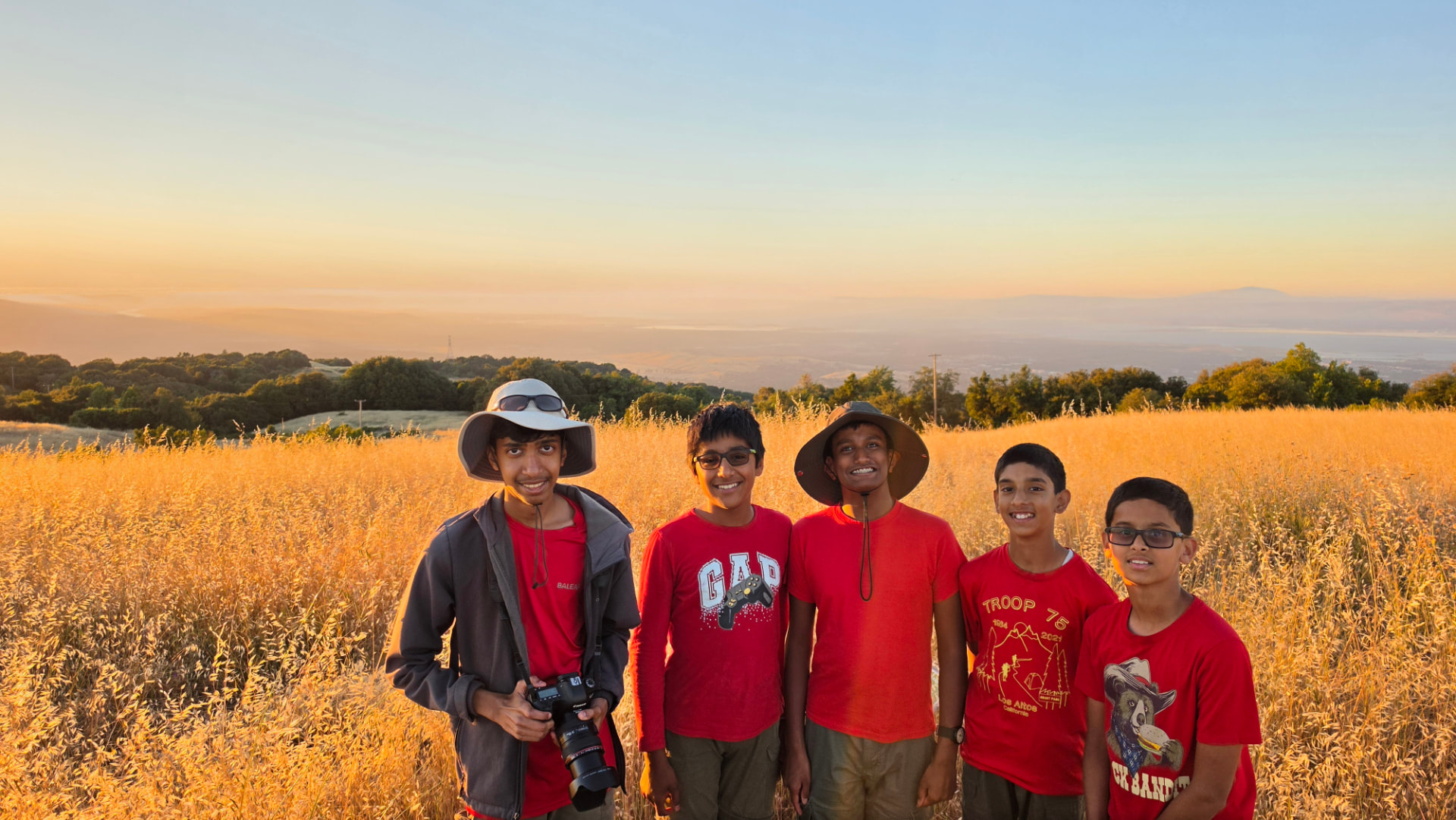 Troop 75 scouts at sunset in the hills above Los Altos